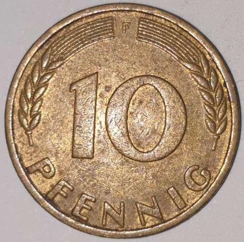 1966 F - 10 PFENNIG - TEN PFENNIG - GERMANY - FEDERAL REPUBLIC - (Brass Clad Steel) KM# 108